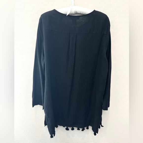 RACHEL ZOË | Black Linen Tunic Top Boho Tassel Hem Resort Blouse | Large - Picture 5 of 7